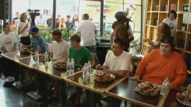 Doughnut eating contest at Top Pot Art Zone with Nancy Guppy: Doughnut Eating Contest